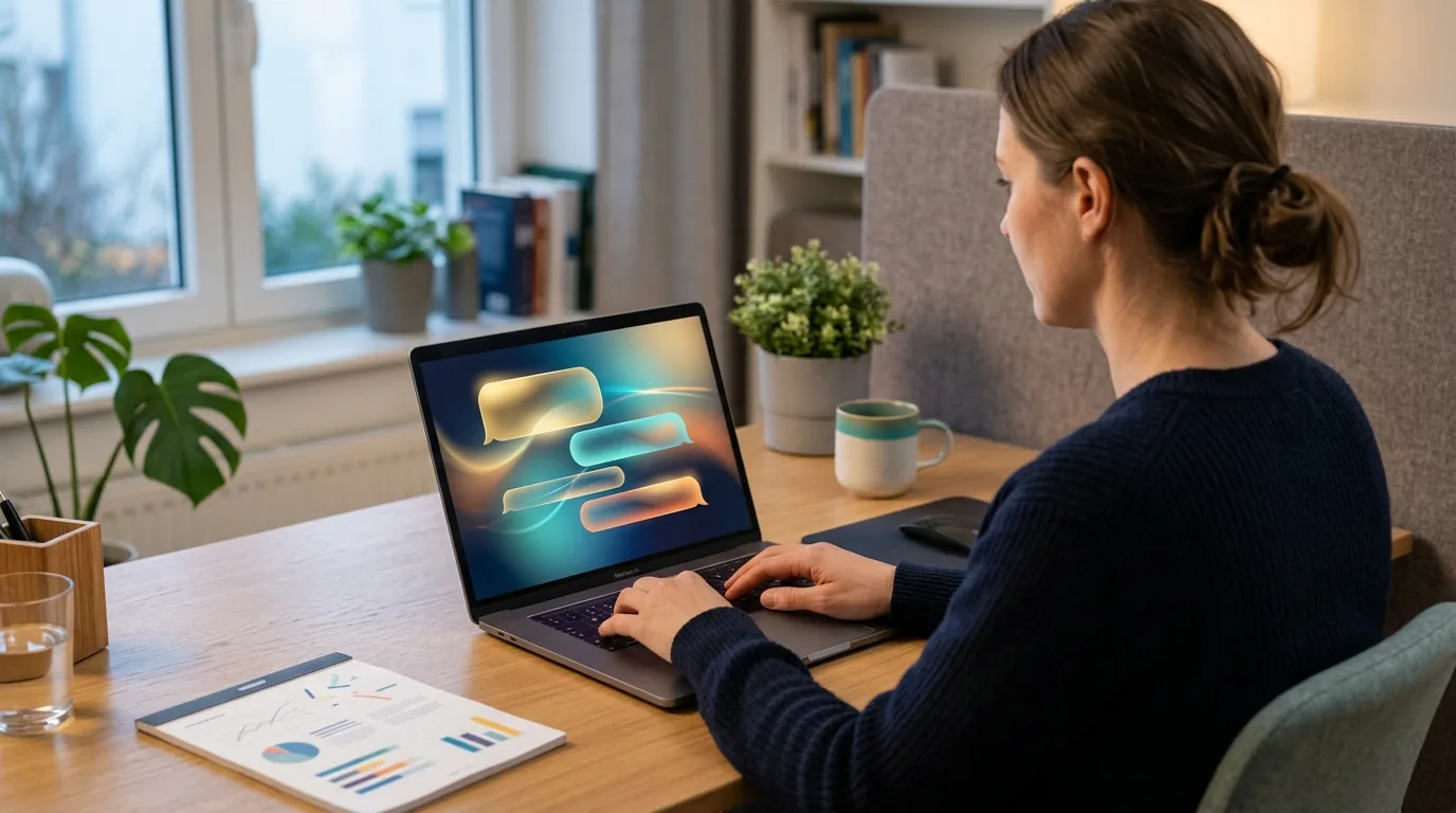 Kobieta przy laptopie rozmawia z asystentem AI