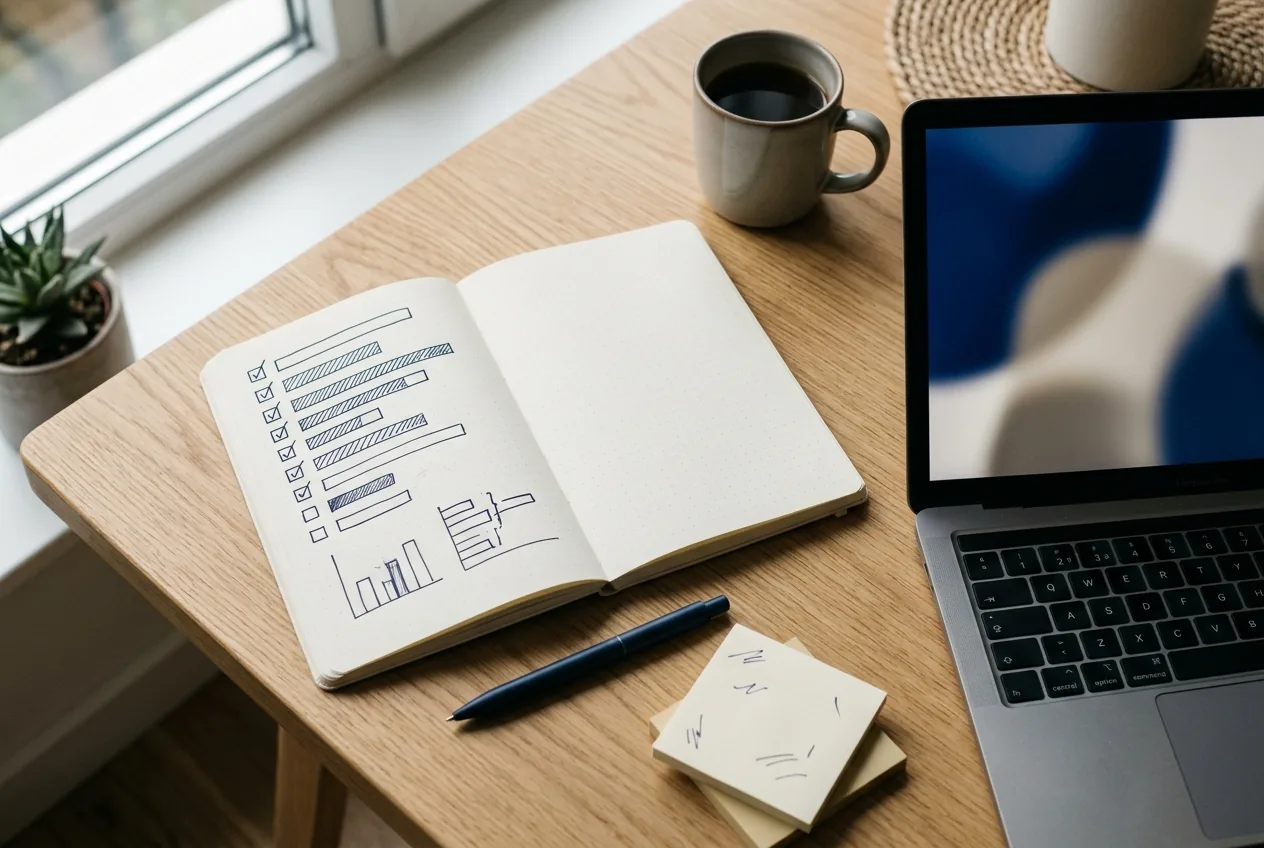 Notes z listą kontrolną i wykresami obok laptopa