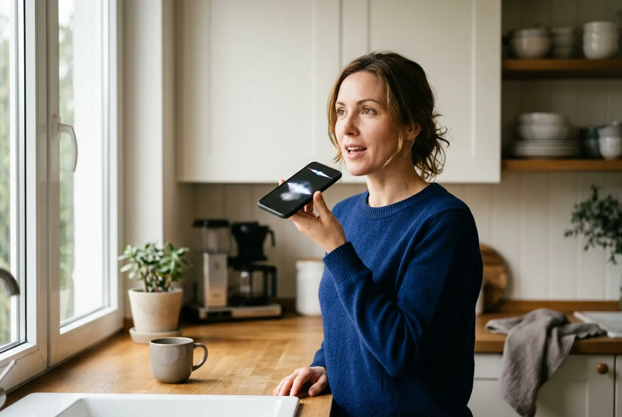 Kobieta w kuchni zadaje pytanie asystentowi AI w telefonie