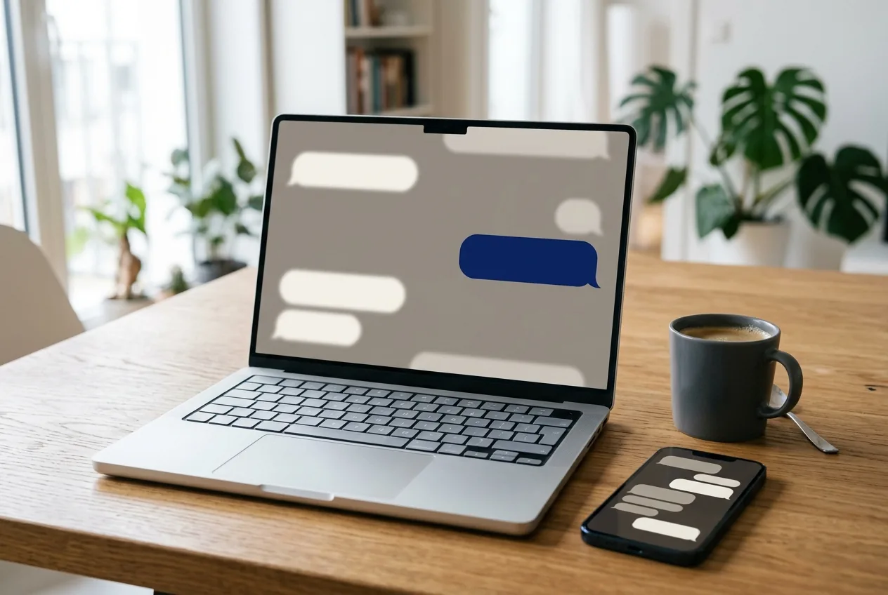 Laptop i telefon z rozmową z asystentem AI na biurku
